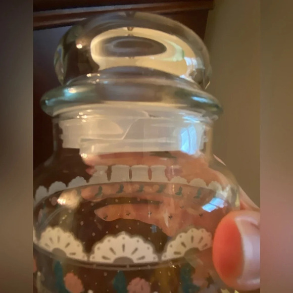 Vintage 1988 CHD Anchor Hocking Country Cat Glass Jar Canister Kitty Rose Lace - Picture 9 of 12